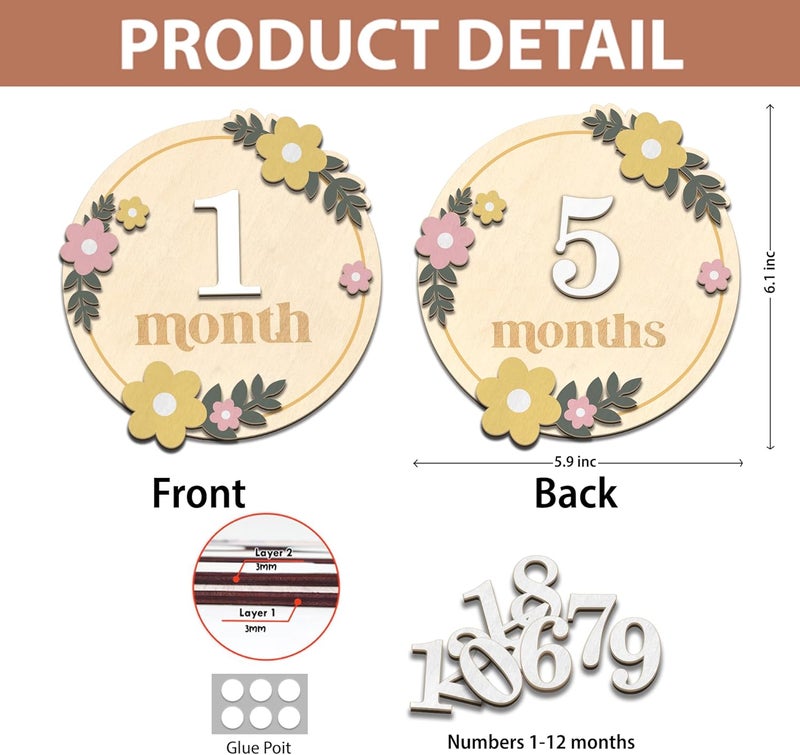 HONOCOOLS Store Baby Monthly Milestone Cards - Wooden Monthly Milestone Discs - Newborn Photography Props to Document Your Baby´s Growth - Baby Announcement Sign (B07) - Image 4